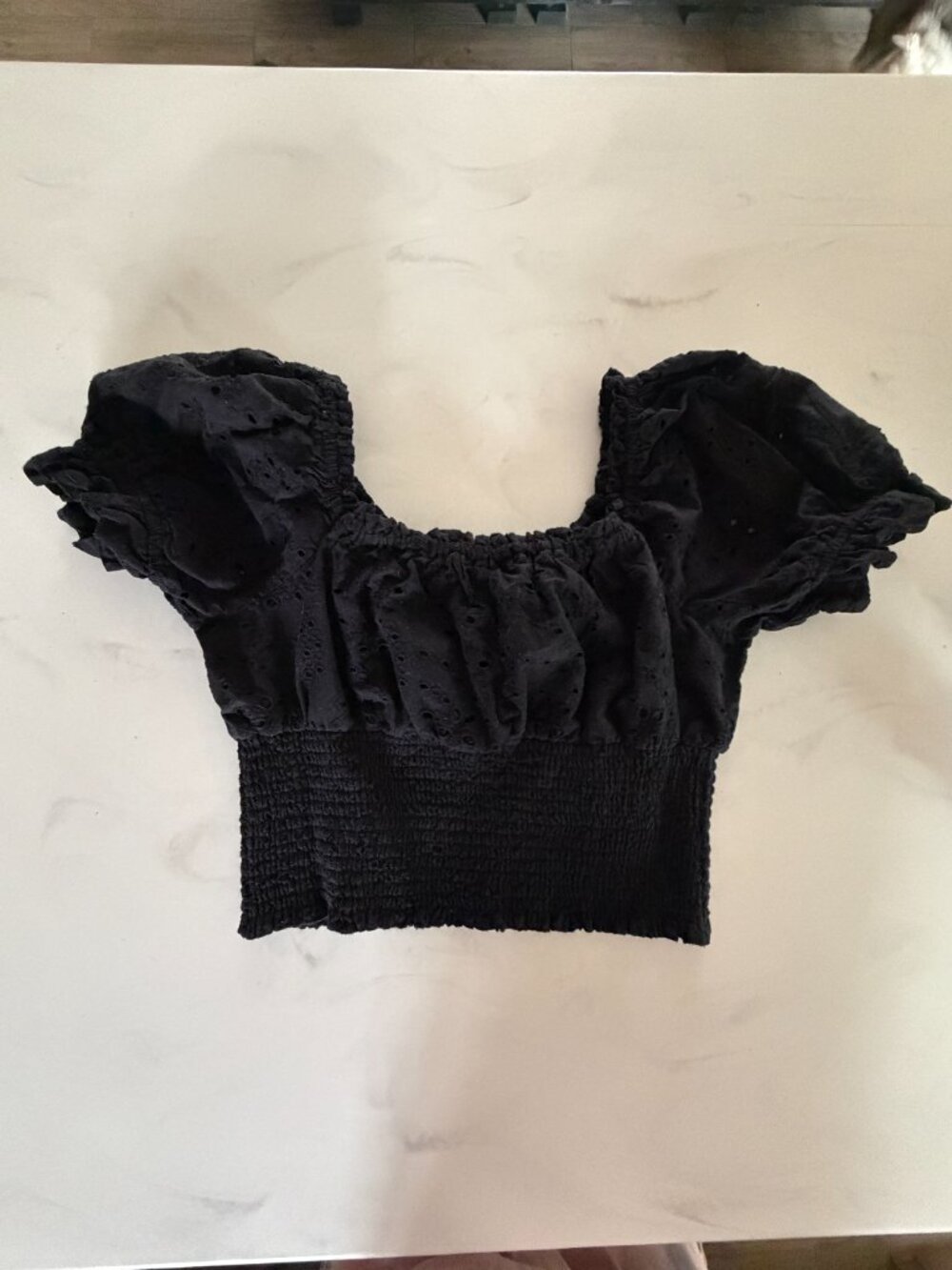 Jennifer & Grace Black Eyelet Smocked Off Shoulder Crop Top S - Picture 9 of 9